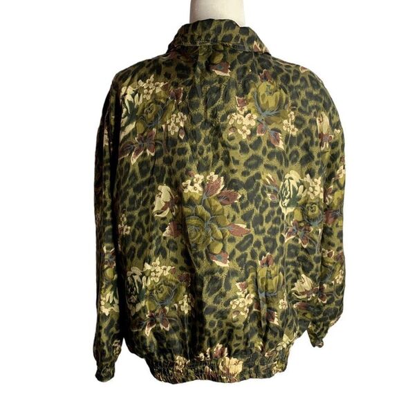 Vintage Silk Leopard Print Bomber Jacket M Green Floral Full Zip Pockets Lined - Picture 4 of 6